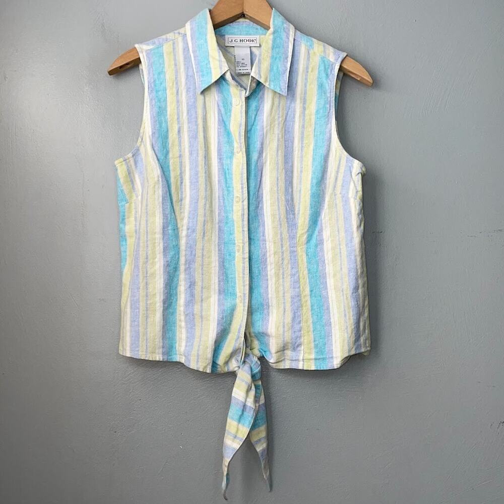 JG Hook Shirt Size 10 Striped Linen Tie Front Button Up Sleeveless Beach Coastal
